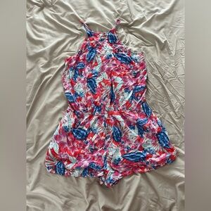 American Eagle Pink & Blue Tropical Sleeveless Elastic Waist Halter Romper Large